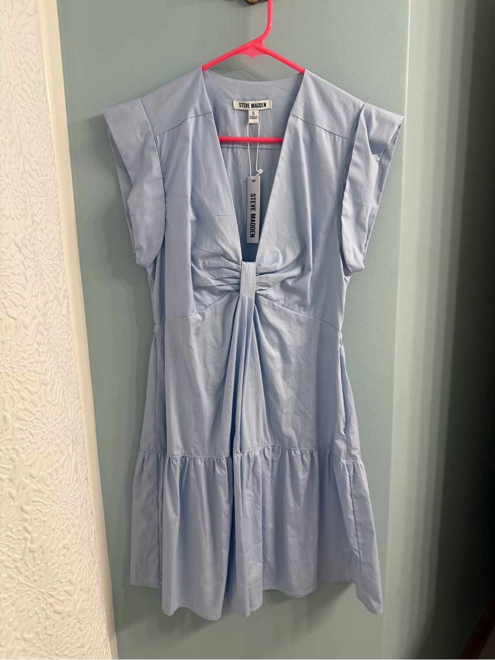 Steve Madden Light Blue V-Neck Knot-Front Mini Dress